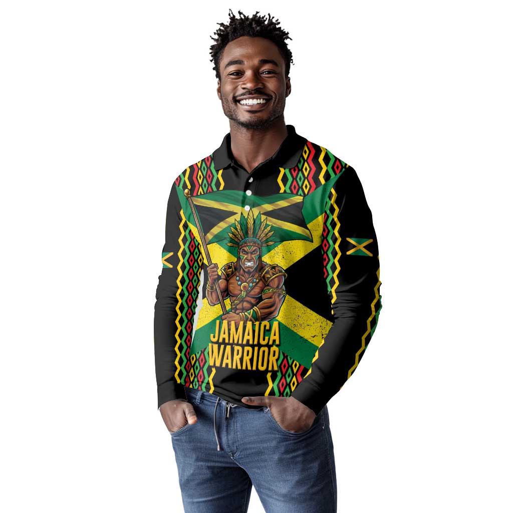 Black Jamaicans Warrior Spirit Long Sleeve Polo Shirt Tribal Fighter in Reggae Colors - African Pride