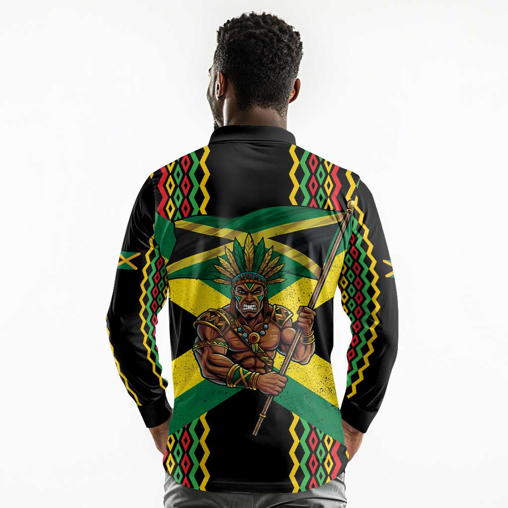 Black Jamaicans Warrior Spirit Long Sleeve Polo Shirt Tribal Fighter in Reggae Colors - African Pride