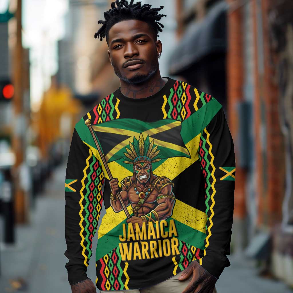 Black Jamaicans Warrior Spirit Long Sleeve Shirt Tribal Fighter in Reggae Colors - African Pride