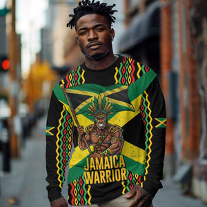 Black Jamaicans Warrior Spirit Long Sleeve Shirt Tribal Fighter in Reggae Colors - African Pride