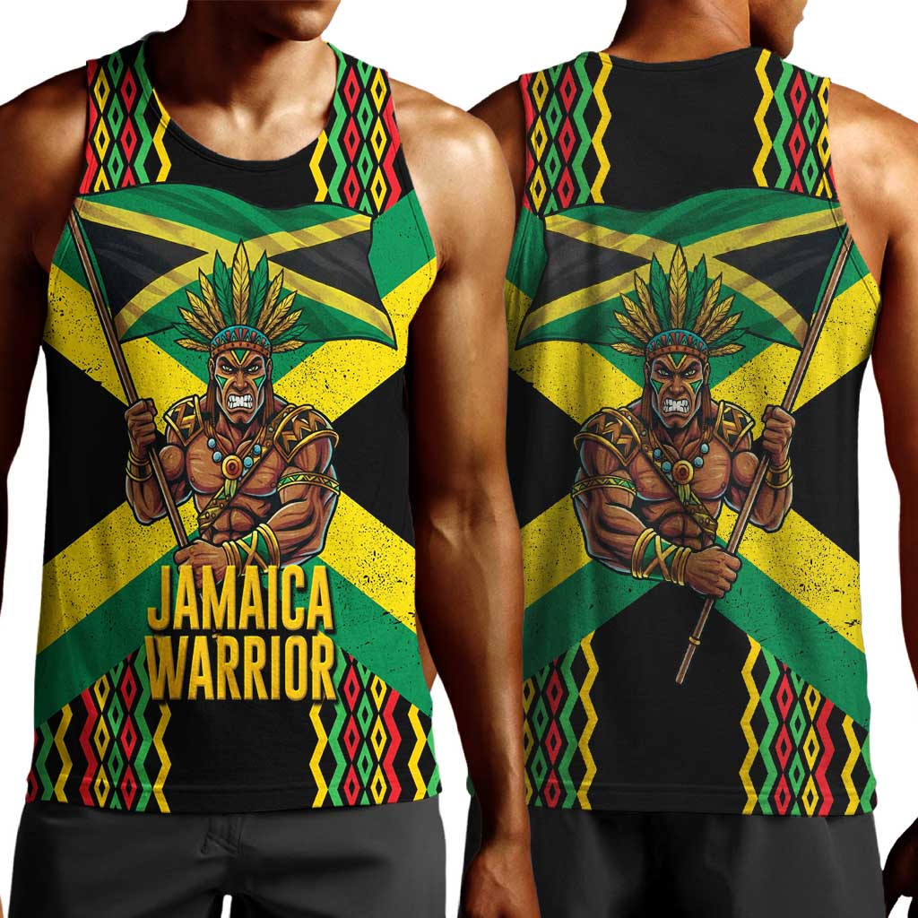 Black Jamaicans Warrior Spirit Men Tank Top Tribal Fighter in Reggae Colors - African Pride