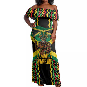 Black Jamaicans Warrior Spirit Off Shoulder Maxi Dress Tribal Fighter in Reggae Colors - African Pride