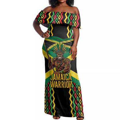 Black Jamaicans Warrior Spirit Off Shoulder Maxi Dress Tribal Fighter in Reggae Colors - African Pride