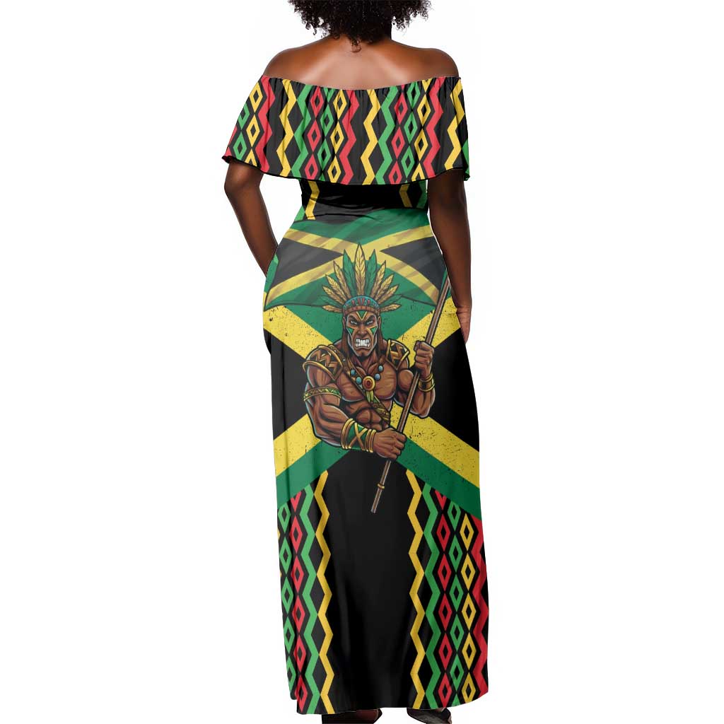 Black Jamaicans Warrior Spirit Off Shoulder Maxi Dress Tribal Fighter in Reggae Colors - African Pride