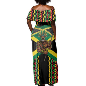 Black Jamaicans Warrior Spirit Off Shoulder Maxi Dress Tribal Fighter in Reggae Colors - African Pride