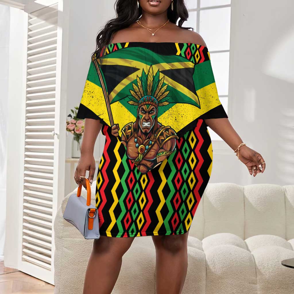 Black Jamaicans Warrior Spirit Off Shoulder Short Dress Tribal Fighter in Reggae Colors - African Pride