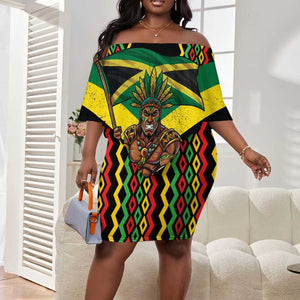 Black Jamaicans Warrior Spirit Off Shoulder Short Dress Tribal Fighter in Reggae Colors - African Pride
