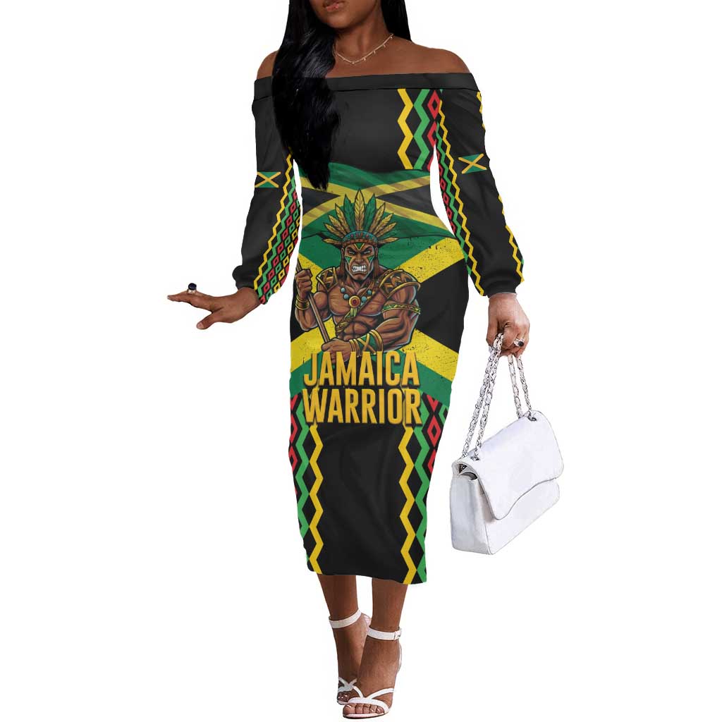 Black Jamaicans Warrior Spirit Off The Shoulder Long Sleeve Dress Tribal Fighter in Reggae Colors - African Pride