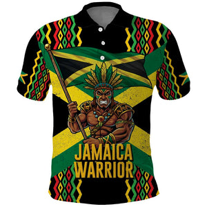 Black Jamaicans Warrior Spirit Polo Shirt Tribal Fighter in Reggae Colors - African Pride