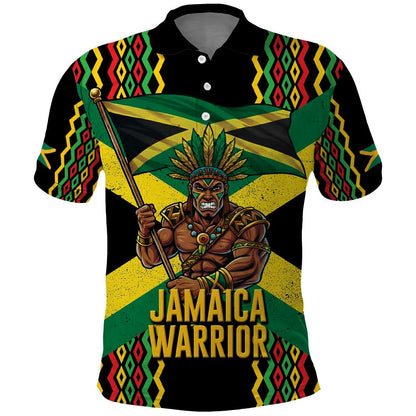 Black Jamaicans Warrior Spirit Polo Shirt Tribal Fighter in Reggae Colors - African Pride