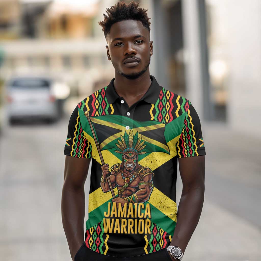 Black Jamaicans Warrior Spirit Polo Shirt Tribal Fighter in Reggae Colors - African Pride