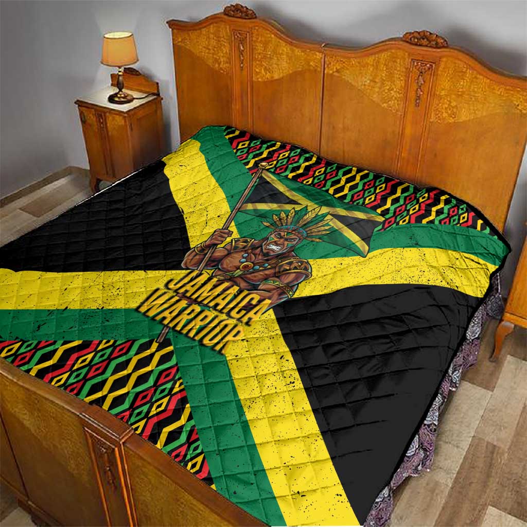 Black Jamaicans Warrior Spirit Quilt Tribal Fighter in Reggae Colors - African Pride