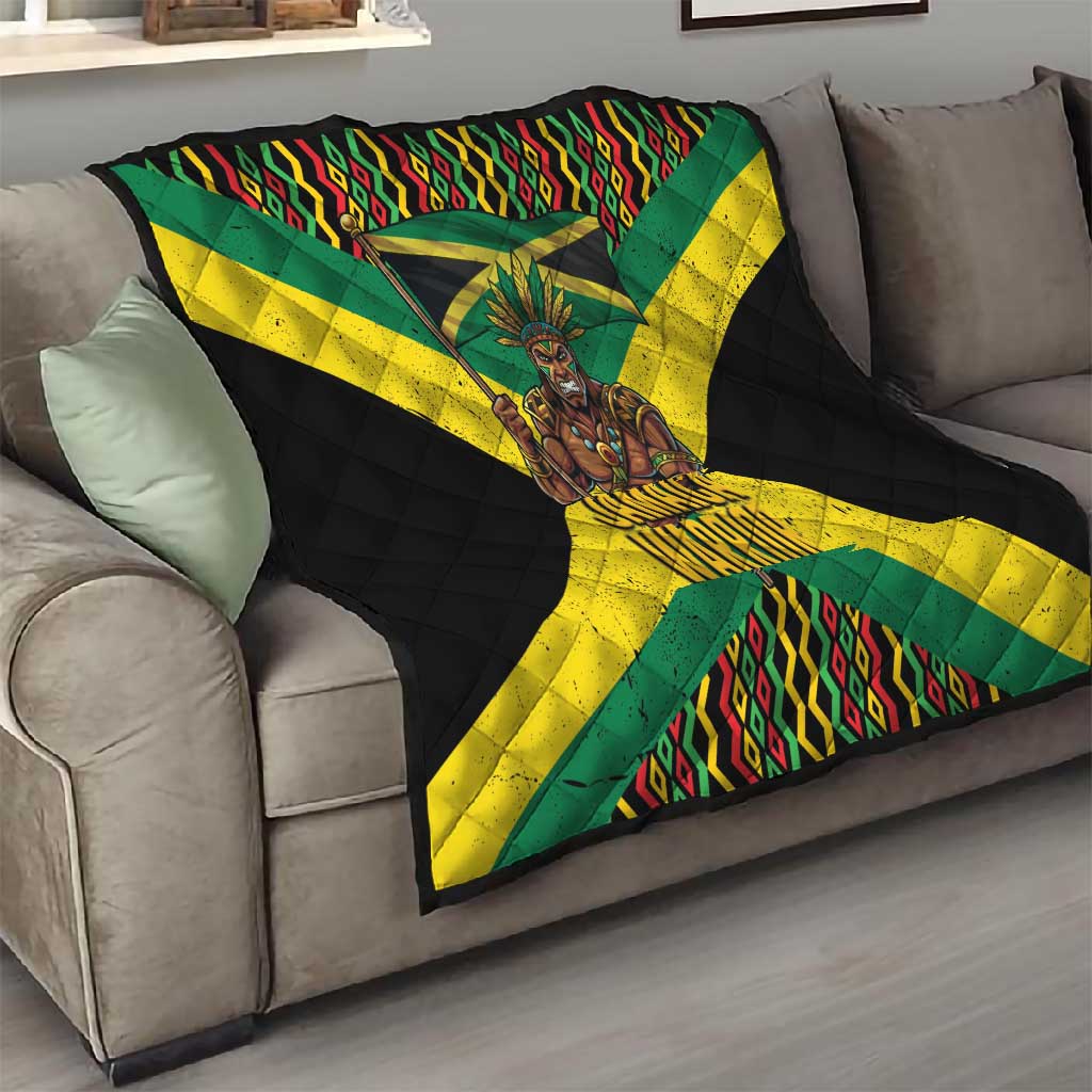 Black Jamaicans Warrior Spirit Quilt Tribal Fighter in Reggae Colors - African Pride