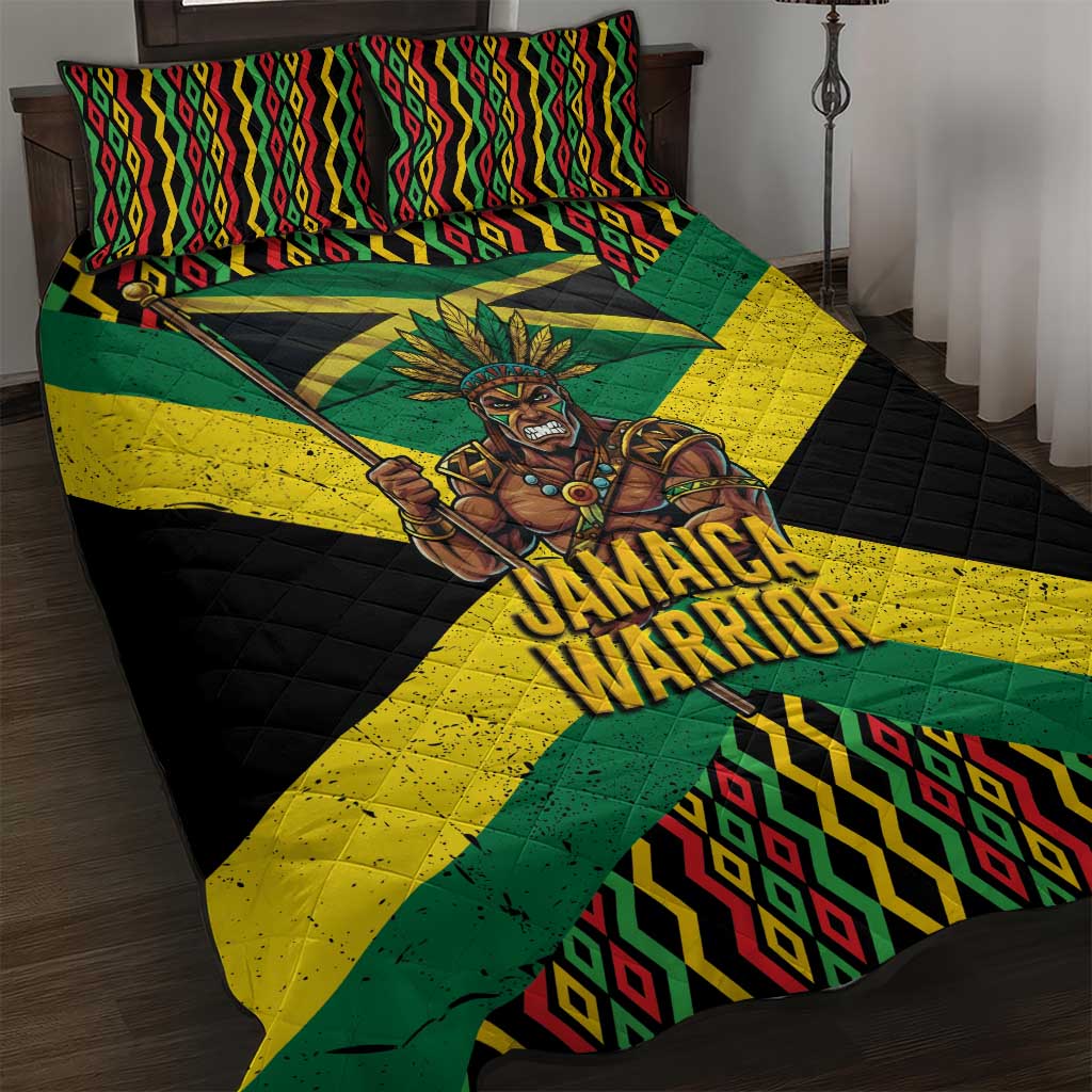 Black Jamaicans Warrior Spirit Quilt Bed Set Tribal Fighter in Reggae Colors - African Pride