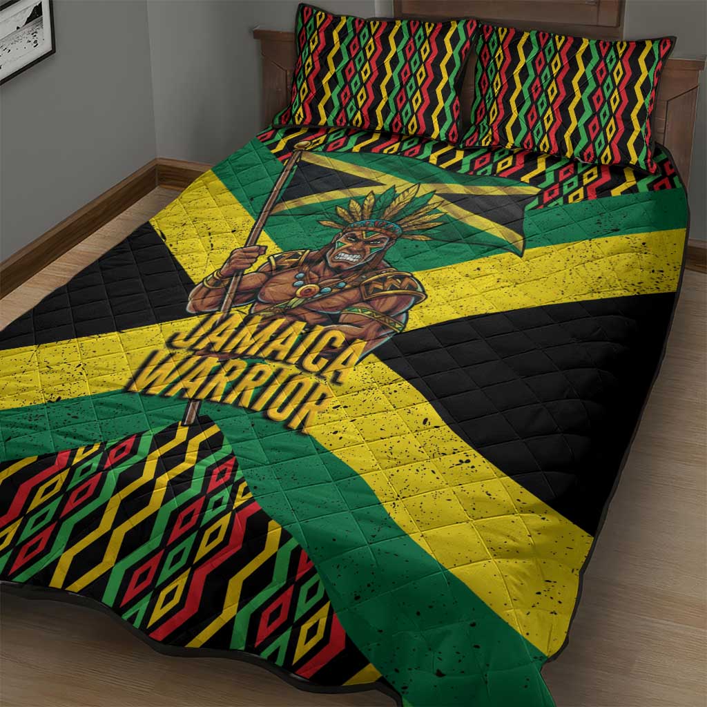 Black Jamaicans Warrior Spirit Quilt Bed Set Tribal Fighter in Reggae Colors - African Pride
