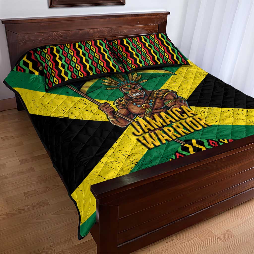Black Jamaicans Warrior Spirit Quilt Bed Set Tribal Fighter in Reggae Colors - African Pride