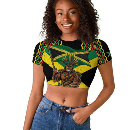 Black Jamaicans Warrior Spirit Raglan Cropped T shirt Tribal Fighter in Reggae Colors - African Pride