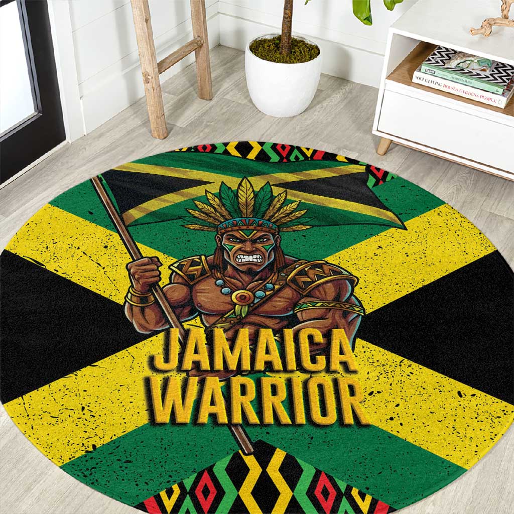 Black Jamaicans Warrior Spirit Round Carpet Tribal Fighter in Reggae Colors - African Pride