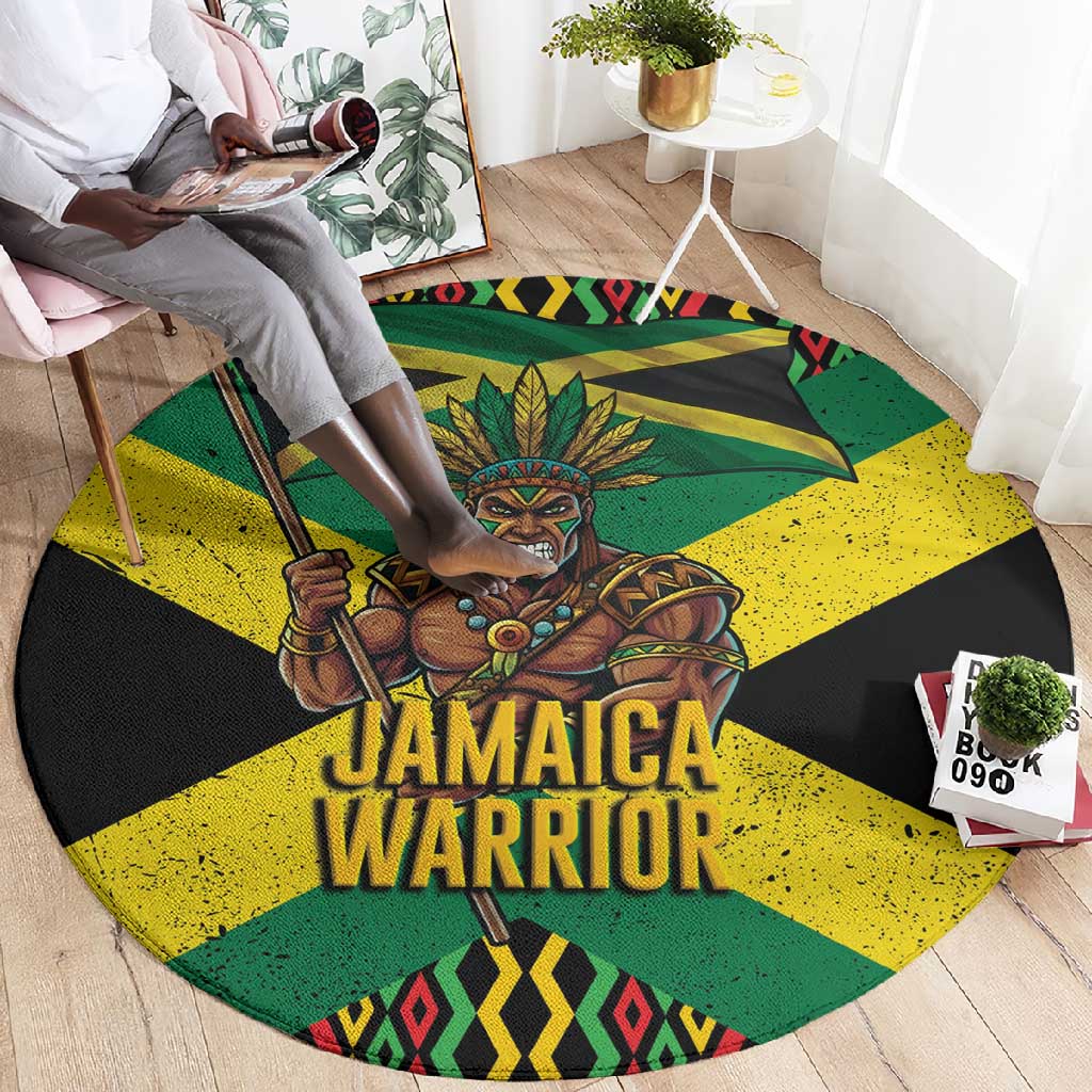 Black Jamaicans Warrior Spirit Round Carpet Tribal Fighter in Reggae Colors - African Pride