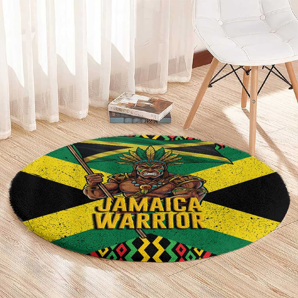 Black Jamaicans Warrior Spirit Round Carpet Tribal Fighter in Reggae Colors - African Pride