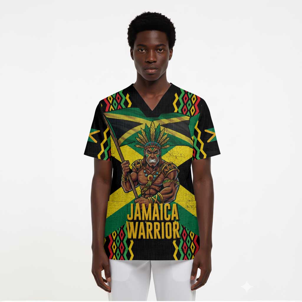 Black Jamaicans Warrior Spirit Scrub Top Tribal Fighter in Reggae Colors - African Pride