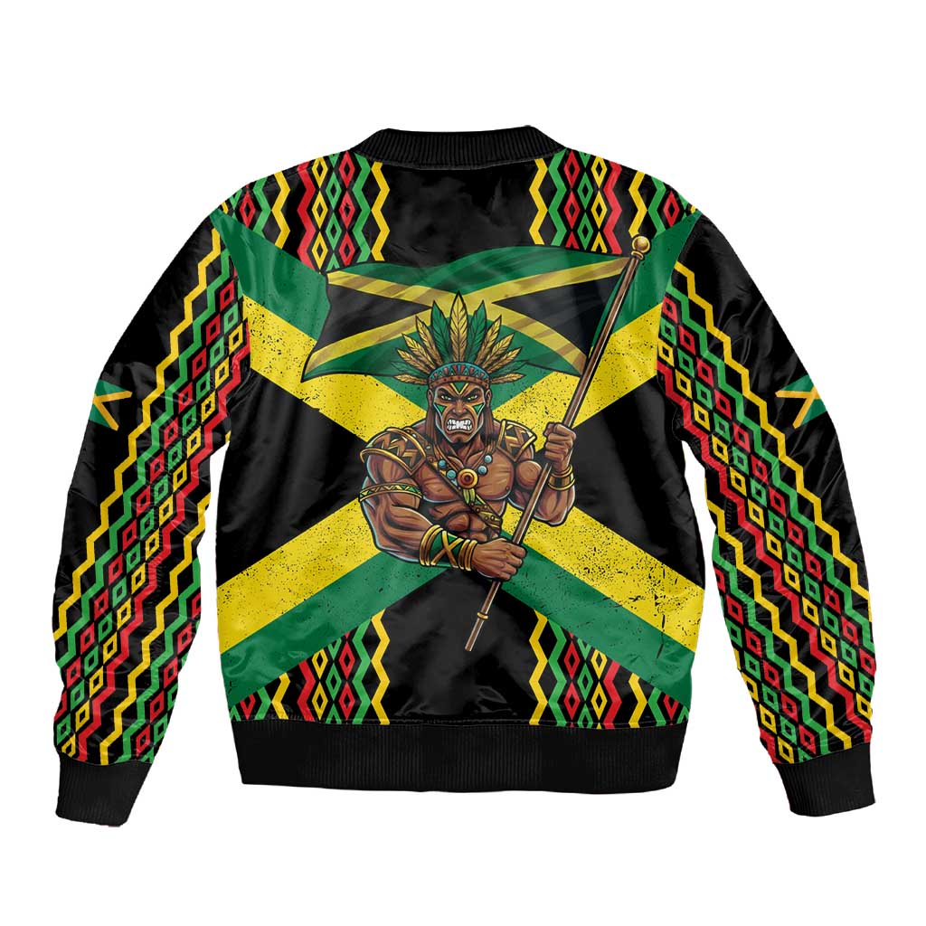 Black Jamaicans Warrior Spirit Sleeve Zip Bomber Jacket Tribal Fighter in Reggae Colors - African Pride