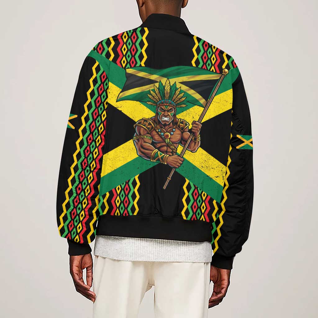 Black Jamaicans Warrior Spirit Sleeve Zip Bomber Jacket Tribal Fighter in Reggae Colors - African Pride