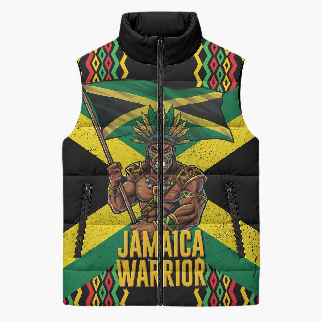 Black Jamaicans Warrior Spirit Sleeveless Puffer Jacket Tribal Fighter in Reggae Colors