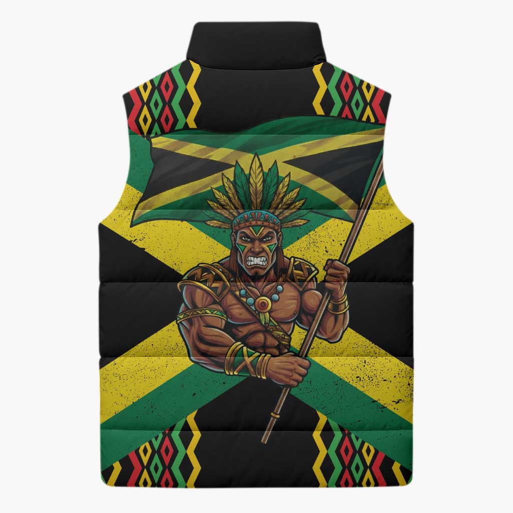 Black Jamaicans Warrior Spirit Sleeveless Puffer Jacket Tribal Fighter in Reggae Colors