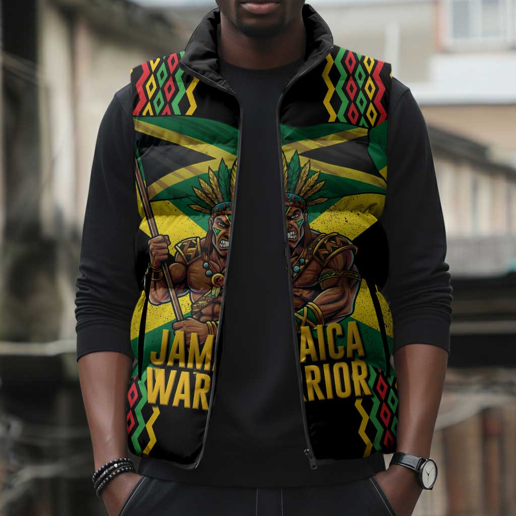 Black Jamaicans Warrior Spirit Sleeveless Puffer Jacket Tribal Fighter in Reggae Colors