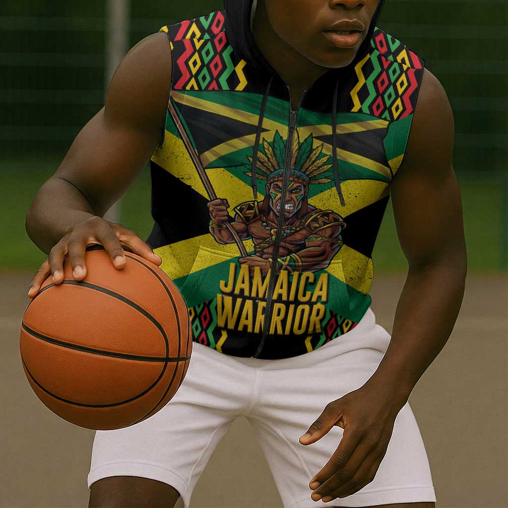 Black Jamaicans Warrior Spirit Sleeveless Zip Hoodie Tribal Fighter in Reggae Colors - African Pride