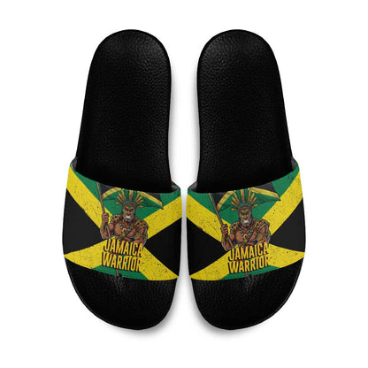 Black Jamaicans Warrior Spirit Slide Sandals Tribal Fighter in Reggae Colors