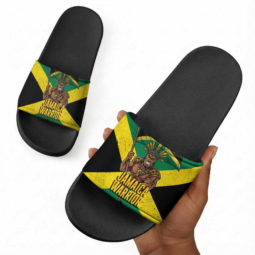 Black Jamaicans Warrior Spirit Slide Sandals Tribal Fighter in Reggae Colors