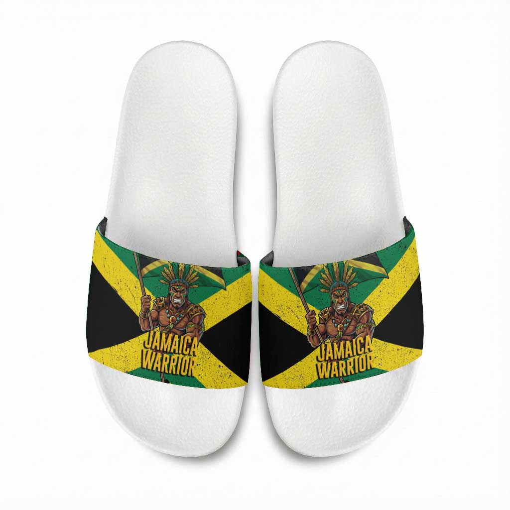 Black Jamaicans Warrior Spirit Slide Sandals Tribal Fighter in Reggae Colors