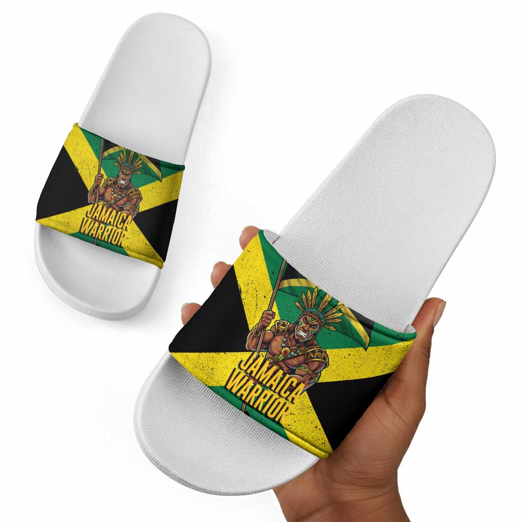 Black Jamaicans Warrior Spirit Slide Sandals Tribal Fighter in Reggae Colors