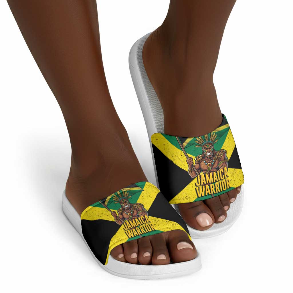 Black Jamaicans Warrior Spirit Slide Sandals Tribal Fighter in Reggae Colors