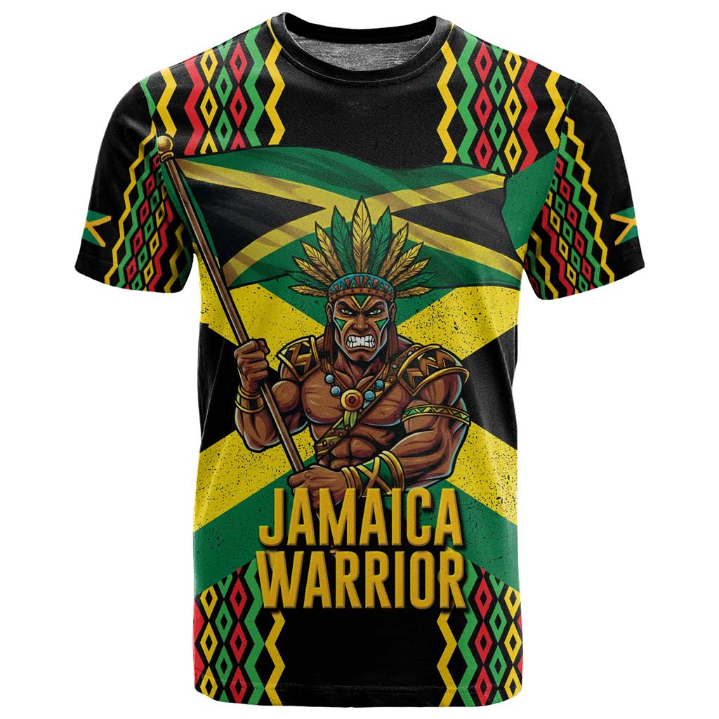 Black Jamaicans Warrior Spirit T shirt Tribal Fighter in Reggae Colors - African Pride