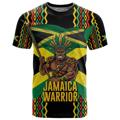 Black Jamaicans Warrior Spirit T shirt Tribal Fighter in Reggae Colors - African Pride