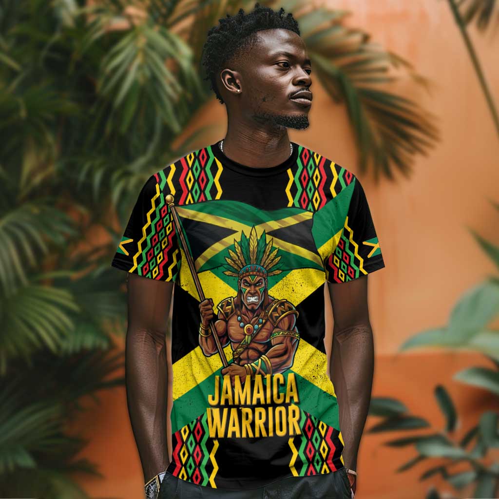 Black Jamaicans Warrior Spirit T shirt Tribal Fighter in Reggae Colors - African Pride