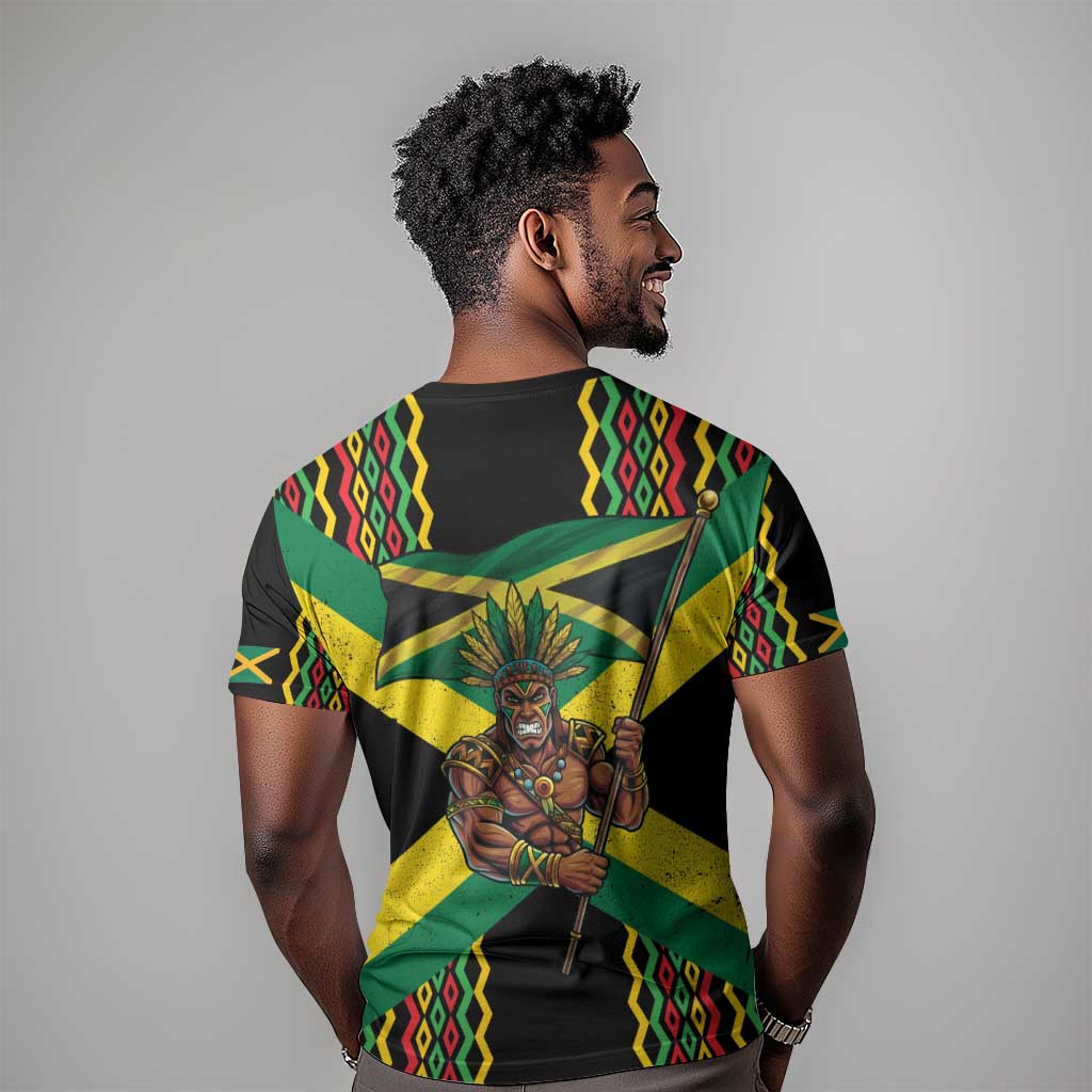 Black Jamaicans Warrior Spirit T shirt Tribal Fighter in Reggae Colors - African Pride