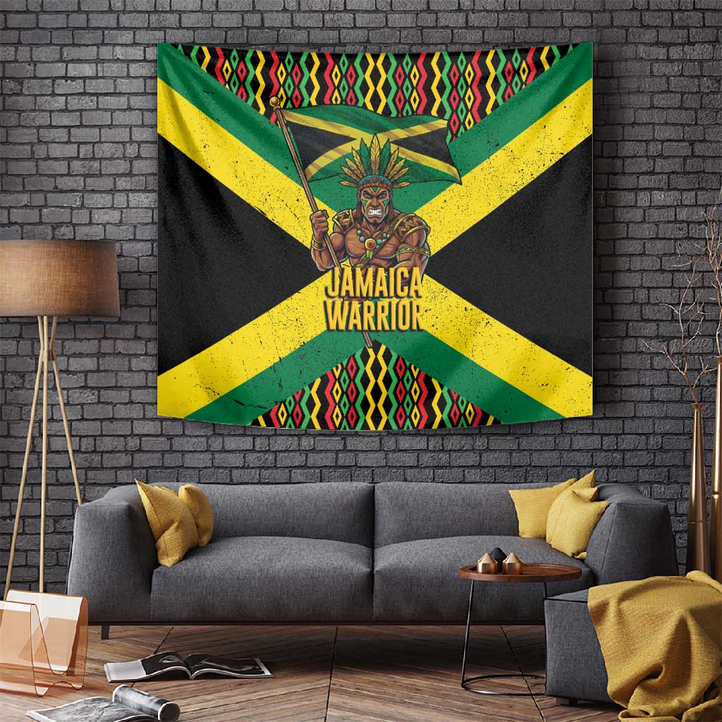 Black Jamaicans Warrior Spirit Tapestry Tribal Fighter in Reggae Colors - African Pride