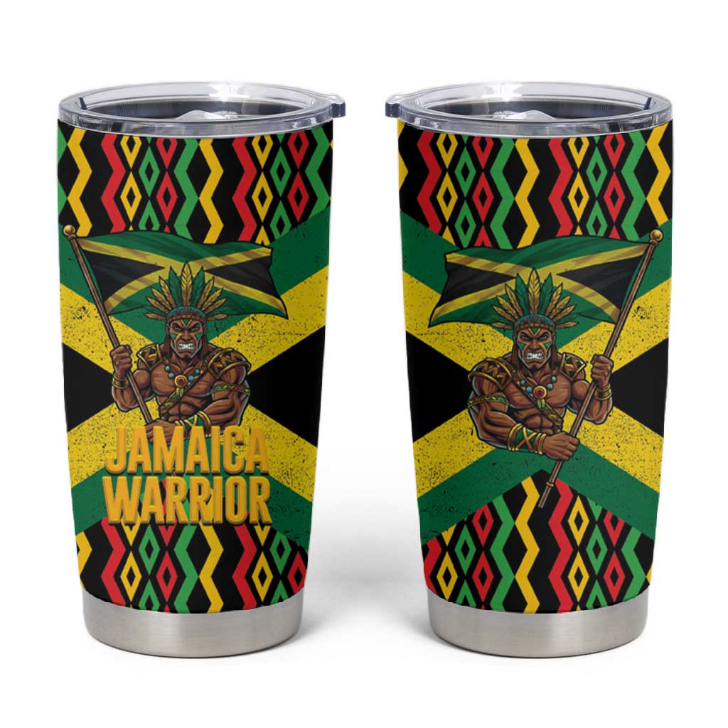 Black Jamaicans Warrior Spirit Tumbler Cup Tribal Fighter in Reggae Colors - African Pride
