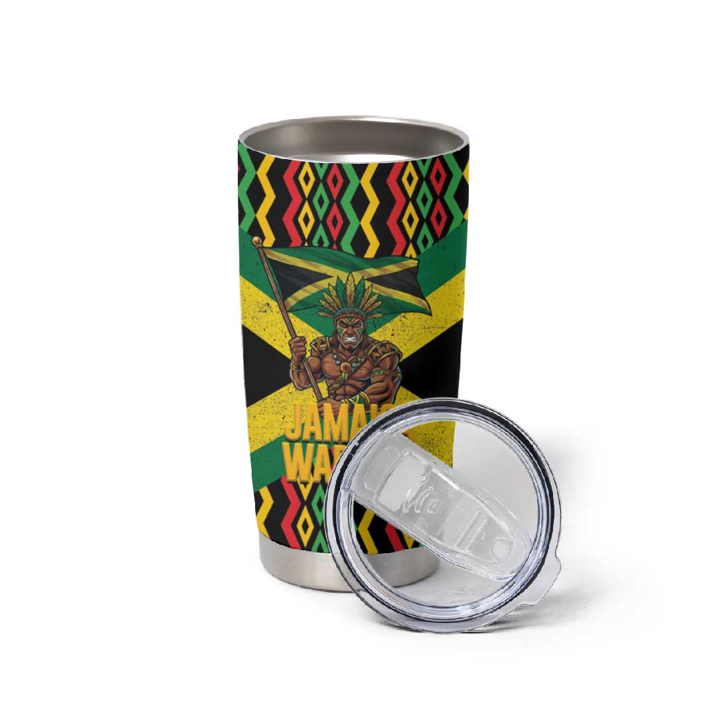 Black Jamaicans Warrior Spirit Tumbler Cup Tribal Fighter in Reggae Colors - African Pride