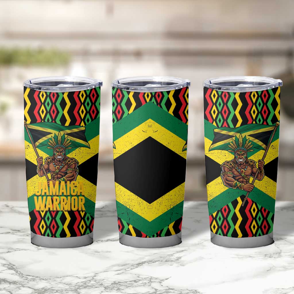Black Jamaicans Warrior Spirit Tumbler Cup Tribal Fighter in Reggae Colors - African Pride