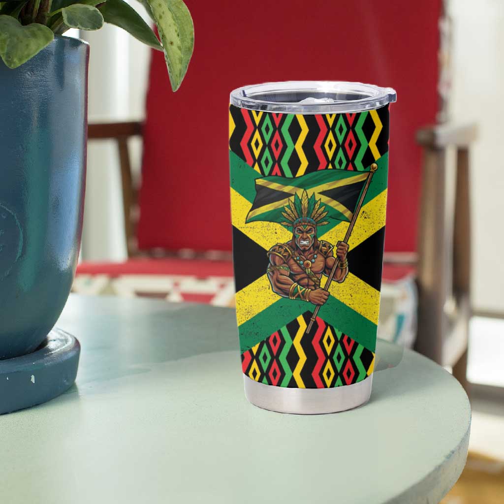 Black Jamaicans Warrior Spirit Tumbler Cup Tribal Fighter in Reggae Colors - African Pride