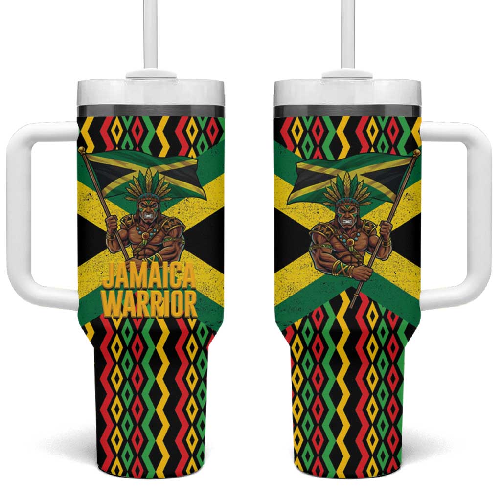 Black Jamaicans Warrior Spirit Tumbler With Handle Tribal Fighter in Reggae Colors - African Pride