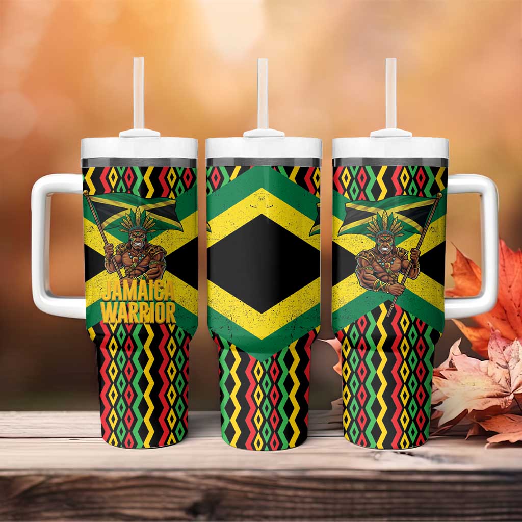 Black Jamaicans Warrior Spirit Tumbler With Handle Tribal Fighter in Reggae Colors - African Pride