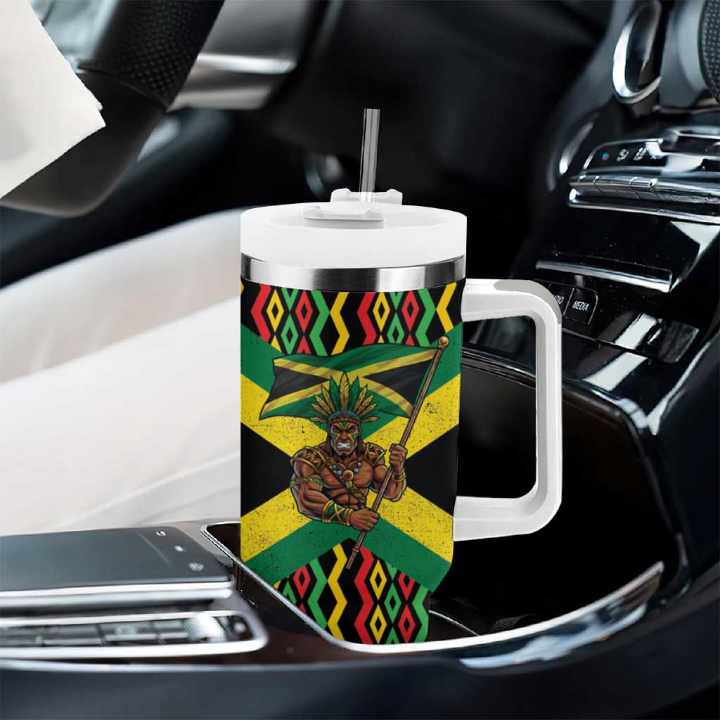 Black Jamaicans Warrior Spirit Tumbler With Handle Tribal Fighter in Reggae Colors - African Pride