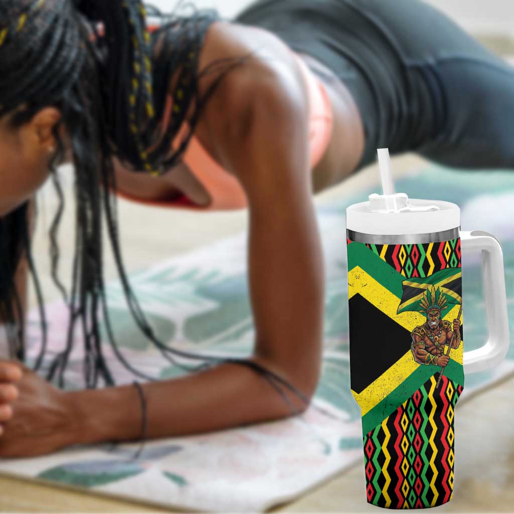 Black Jamaicans Warrior Spirit Tumbler With Handle Tribal Fighter in Reggae Colors - African Pride