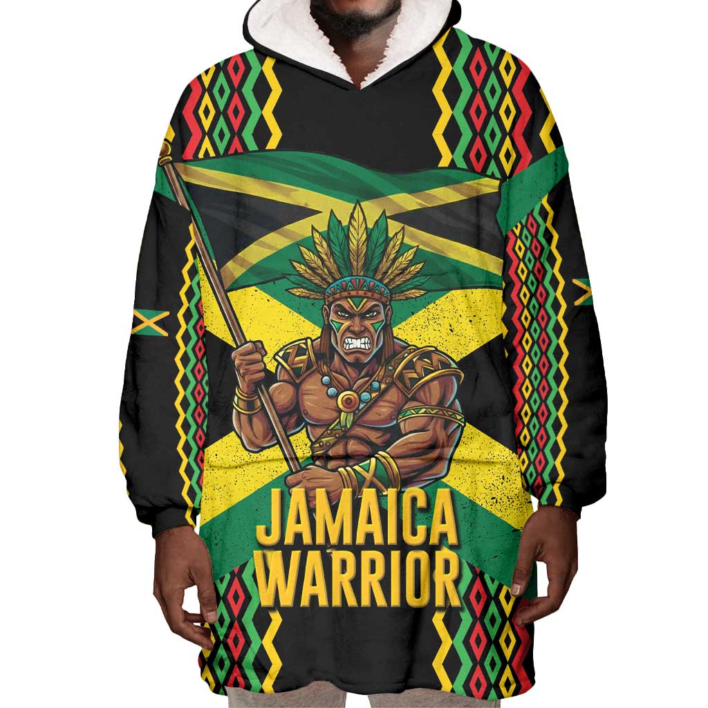 Black Jamaicans Warrior Spirit Wearable Blanket Hoodie Tribal Fighter in Reggae Colors - African Pride